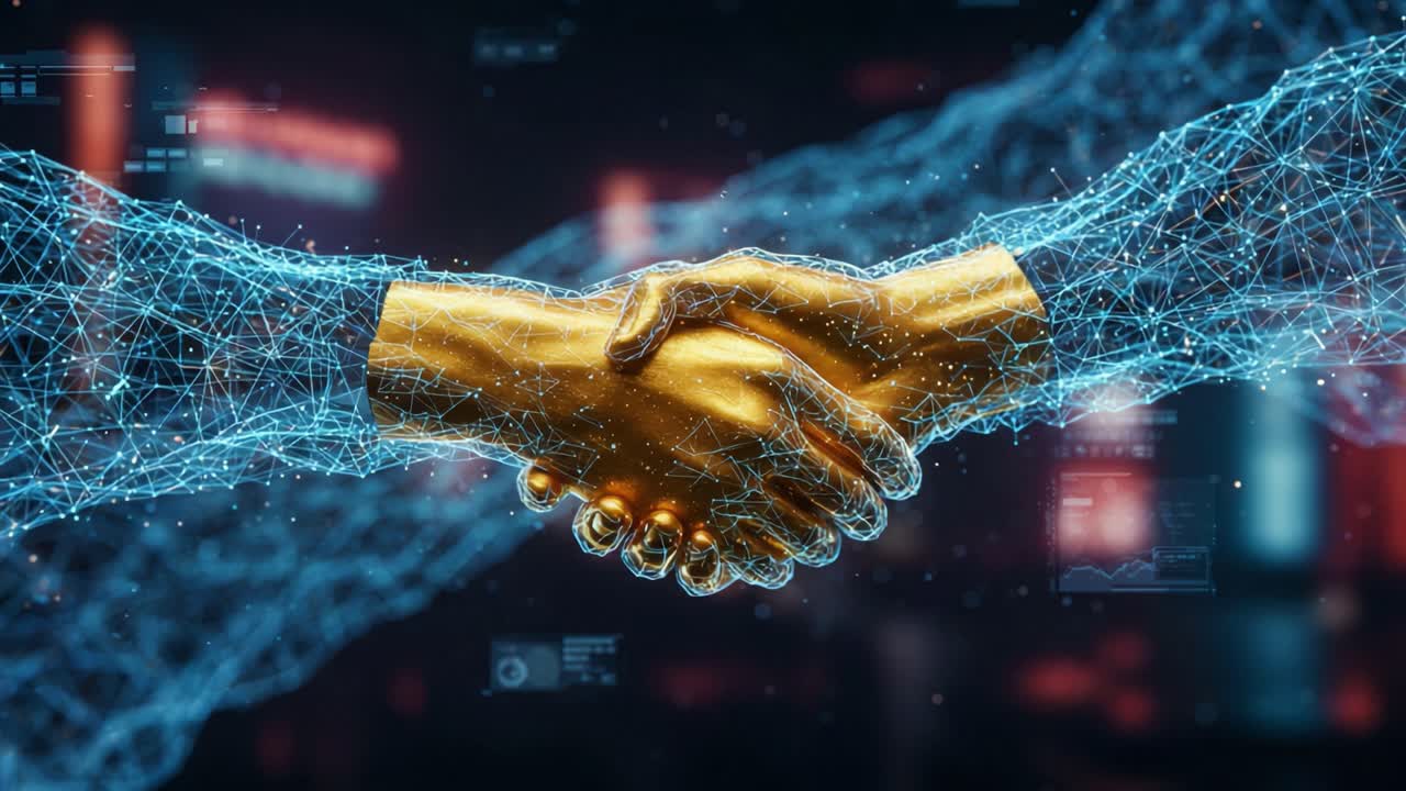 Una rappresentazione digitale dell'unità: una visualizzazione artistica di una stretta di mano futuristica che unisce reti digitali e connessione umana