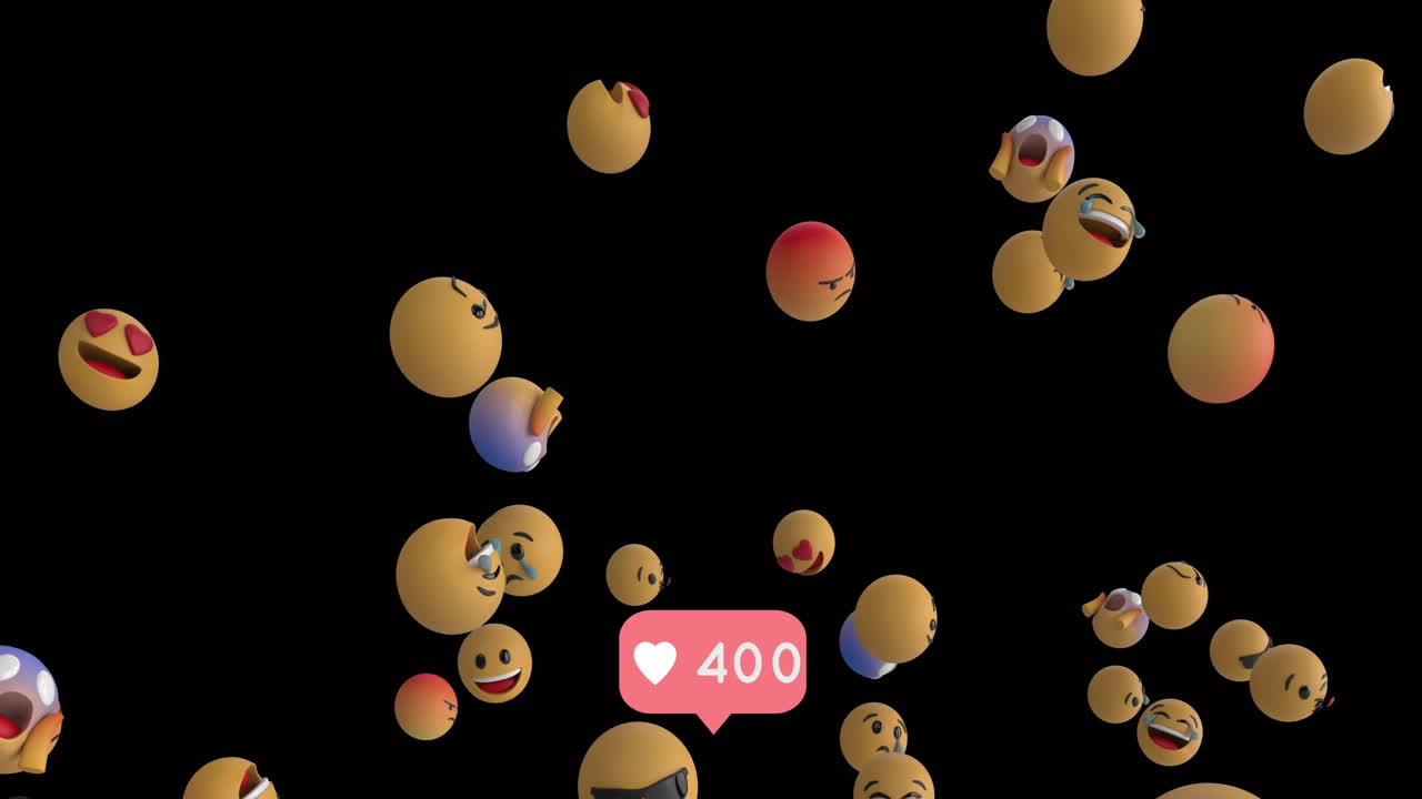 Heart icons with increasing numbers over multiple face emojis floating against black background
