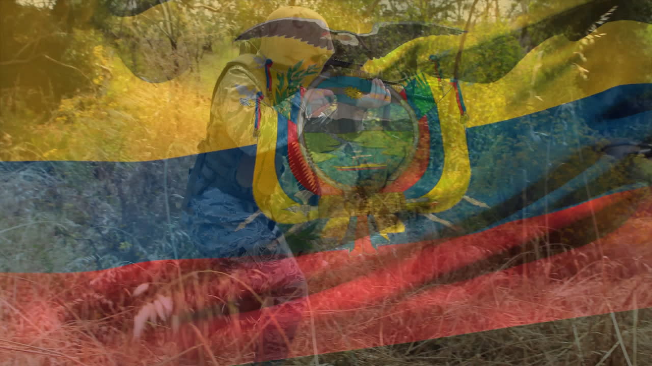 총을 들고 있는 백인 남성 군인 위에 있는 콜롬비아 발의 애니메이션