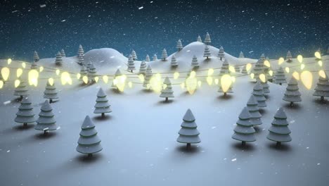 Glowing-fairy-lights-decoration-against-snow-falling-over-winter-landscape