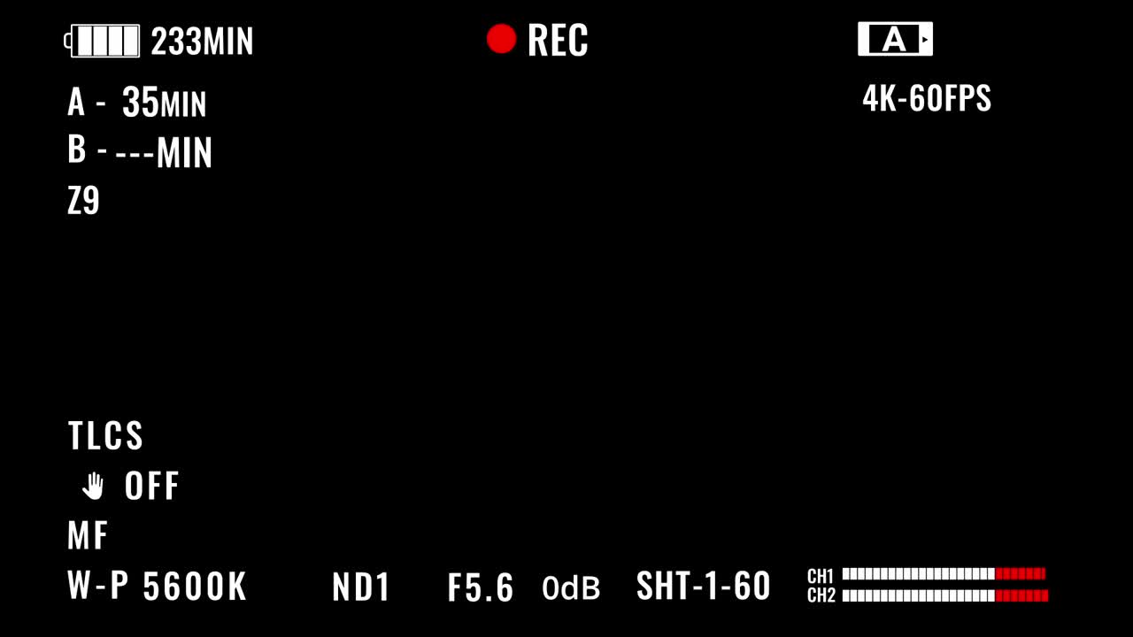 Horizontal 16:9 professional camera viewfinder screen with detailed settings like 4k 60fps, iso, shutter, and audio levels. For filmmaking or tech concepts