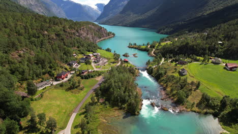 aerial view of lush greenery and turquoise waters at lovatnet lake