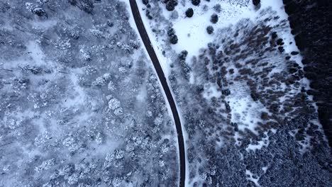 Vista-Aérea-De-Arriba-Hacia-Abajo-De-La-Carretera-De-Montaña-Entre-Bosques-Cubiertos-De-Nieve-Durante-El-Invierno-En-Altos-Vosgos,-Francia