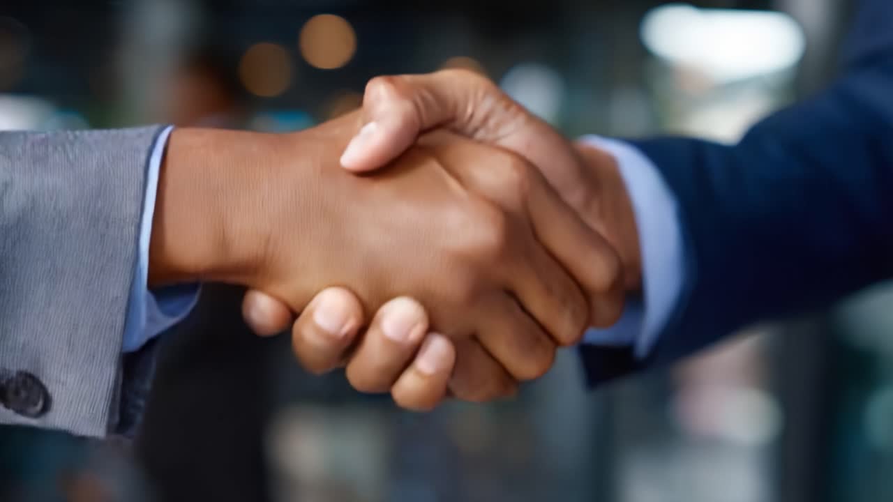 Two business professionals engage in a firm handshake, symbolizing partnership, cooperation, and mutual respect in a professional setting
