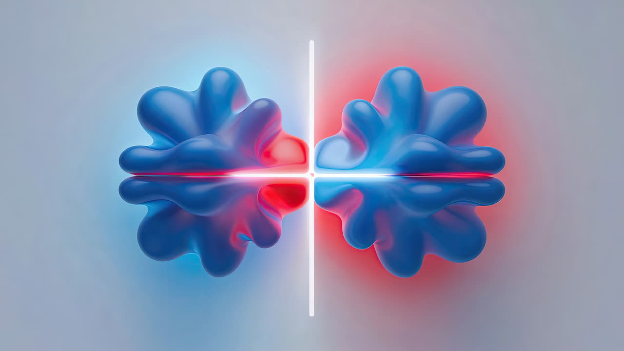 Abstract Glowing Brain-like Forms with Contrasting Red and Blue Light