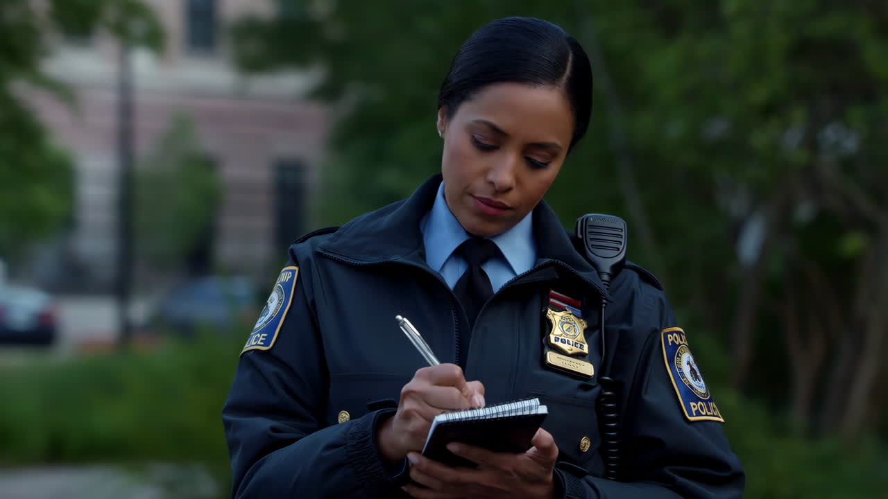 Police officer writing in notebook
