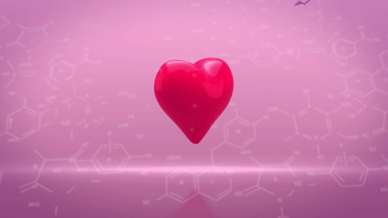 분홍색 배경에 은 심장 위에 화학 공식의 애니메이션