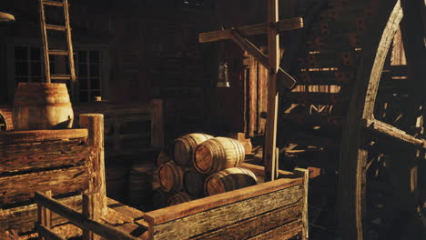 old wooden mill interior with barrels