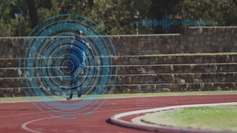 animación del procesamiento de datos digitales sobre un atleta masculino discapacitado con cuchillas de correr en la pista de carreras