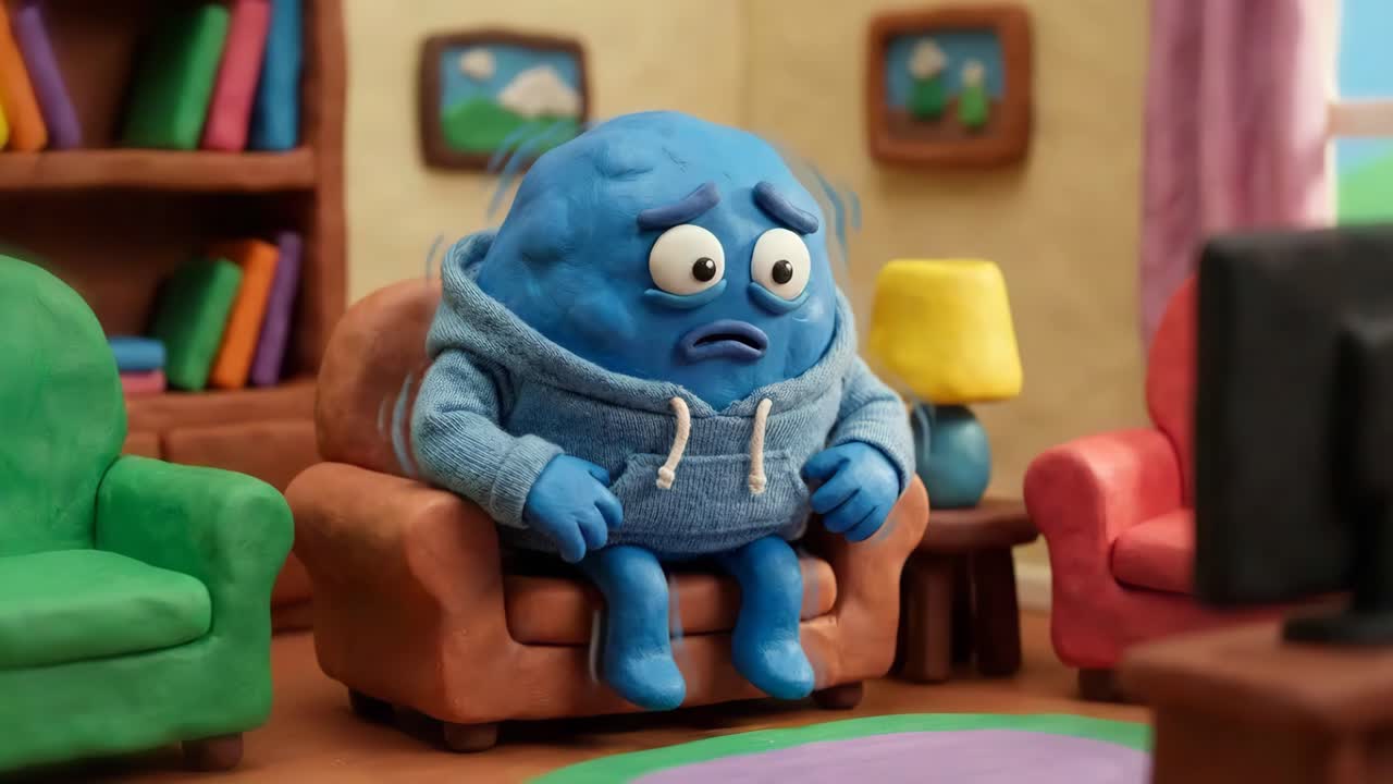 Personaggio in claymation guarda la TV con ansia