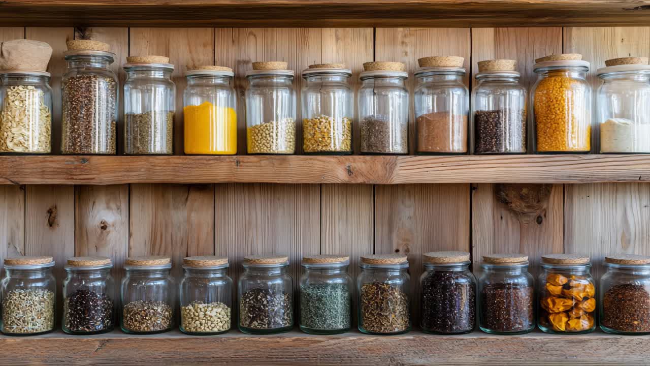 Wooden Shelves with Glass Jars of Grains and Spices