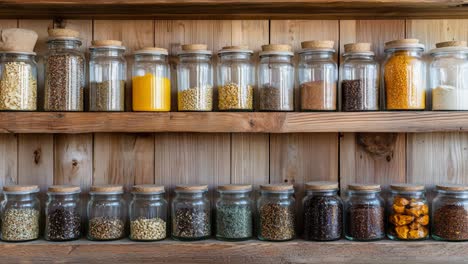 wooden shelves with glass jars of grains and spices