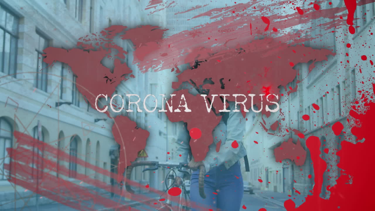 세계 지도 위의 코로나 19 텍스트와 얼굴 마스크를 입은 여성의 애니메이션