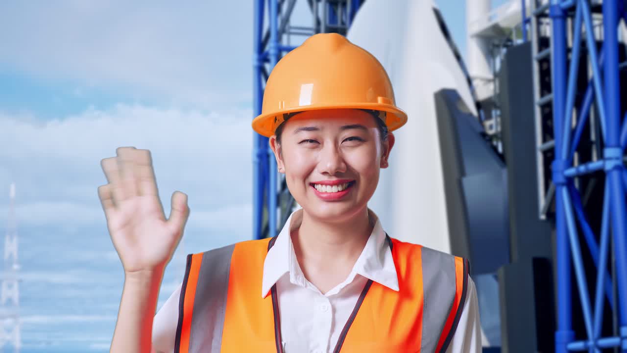 안전 헬을 입은 아시아 여성 엔지니어가 카메라를 향해 미소 짓고 우주왕복선에 서서 작별 인사를 하고 있다.