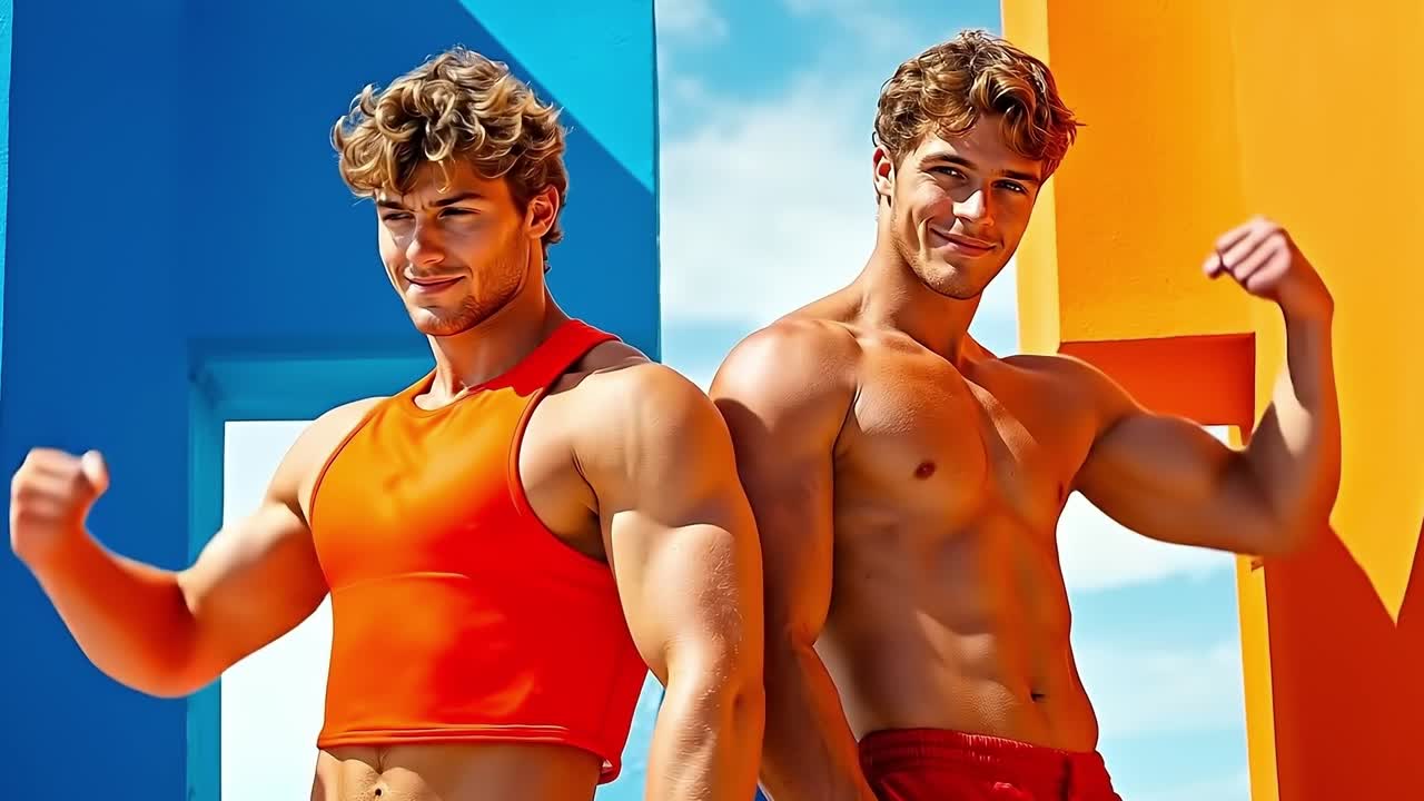 Two shirtless men standing next to each other in front of a colorful wall