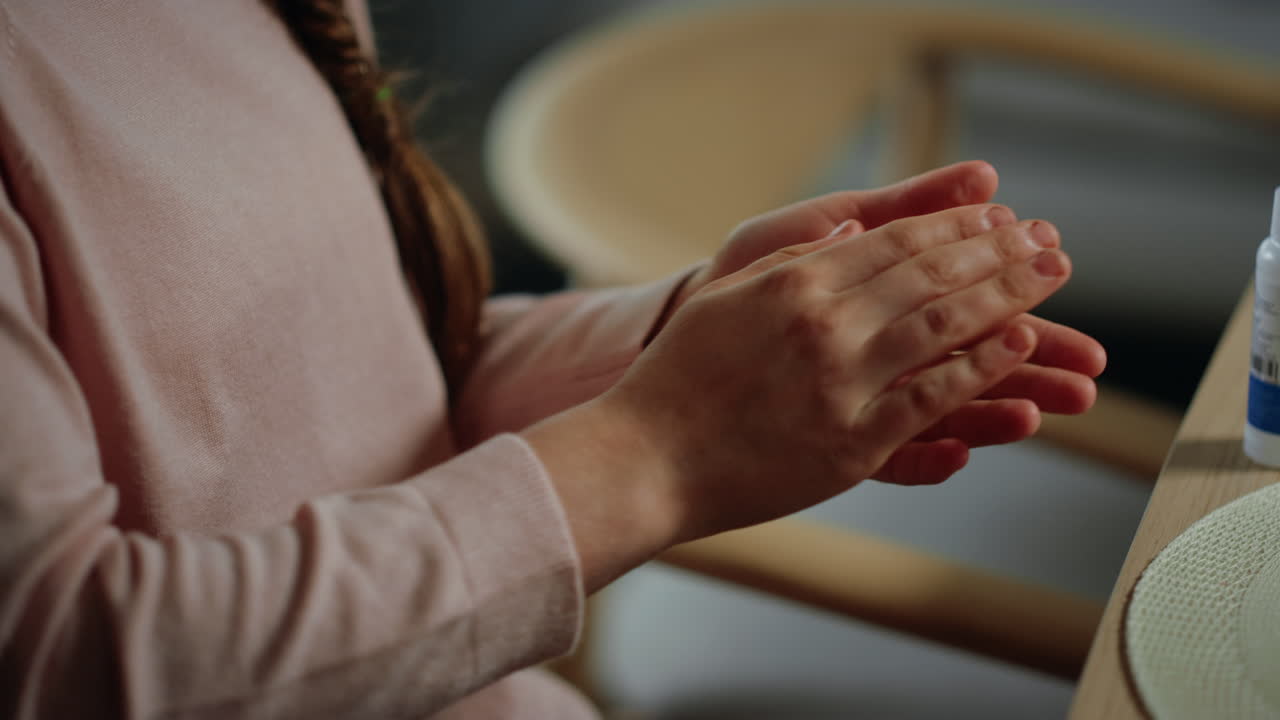 학교 소녀가 손을 소독하는 것