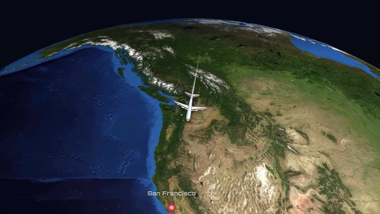 A 3D airplane flies across a digital globe from Doha to San Francisco with labels