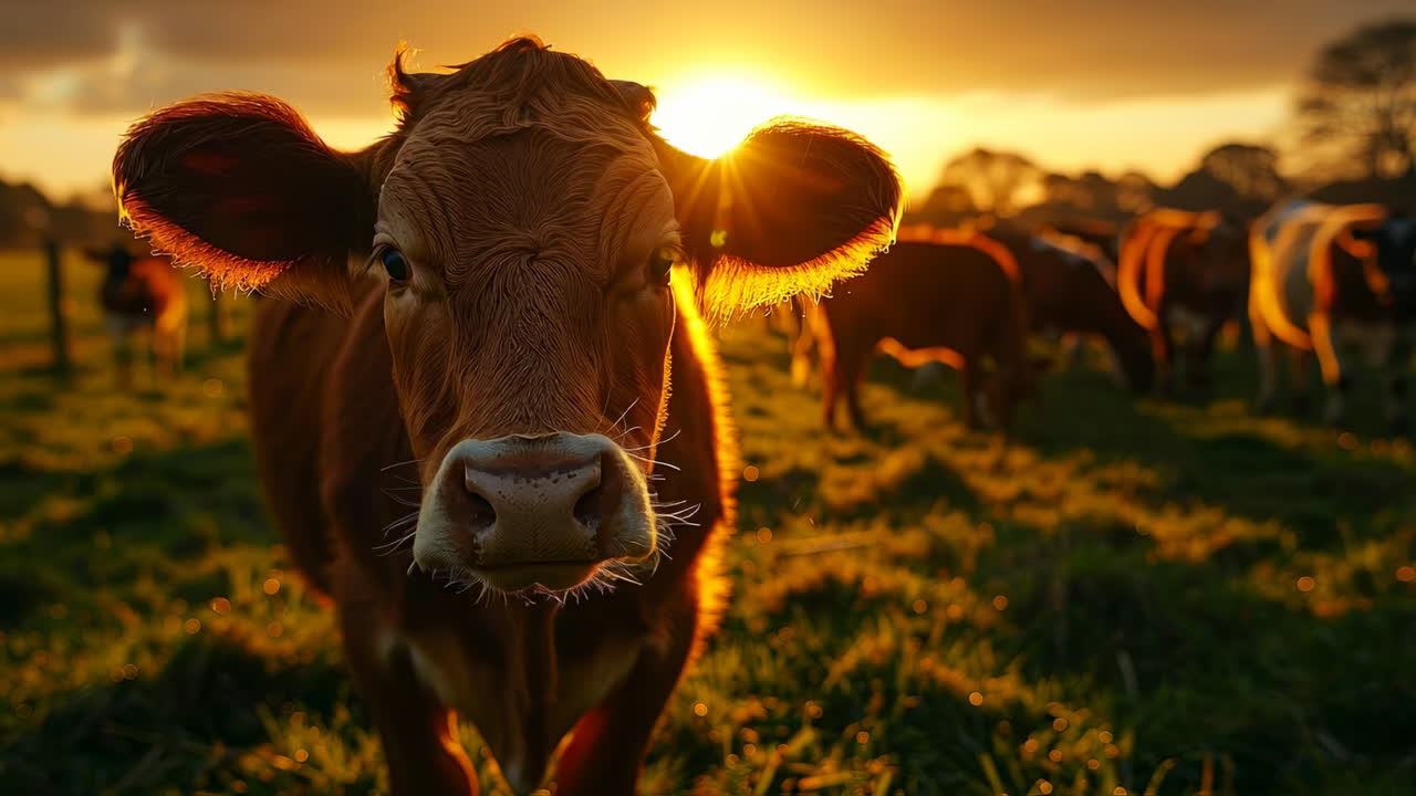Cow in a field at sunset with sun rays. A brown cow stands in a field as the sun sets, casting warm light over the grazing cattle around it