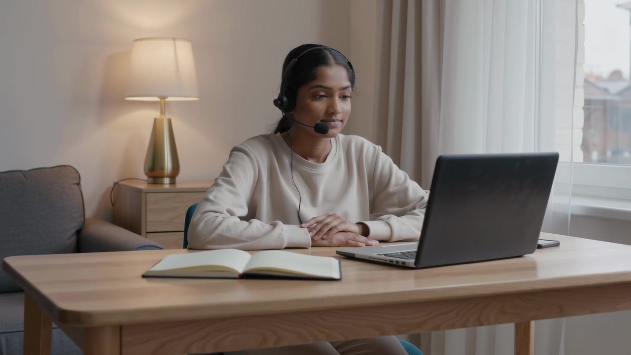 Joining call, woman in sweater leaning, listening, speaking with headset and laptop at home desk