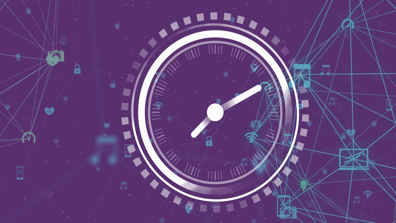 Animation of clock over network of connections with icons on purple background