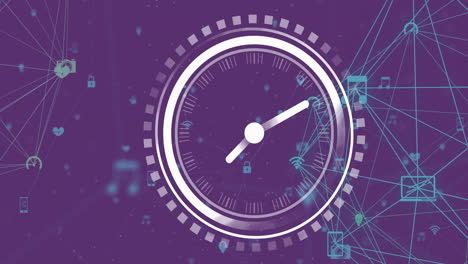 animation of clock over network of connections with icons on purple background