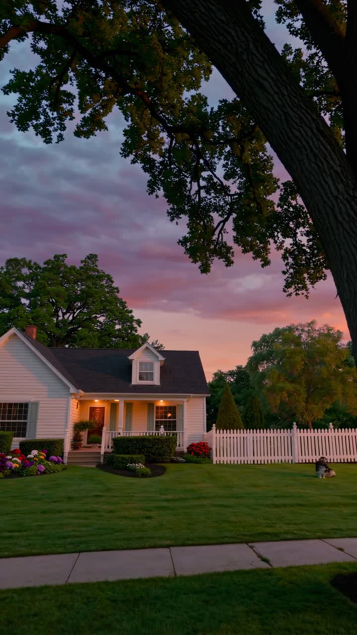 Casa suburbana charmosa ao pôr do sol, capturada em um ângulo baixo