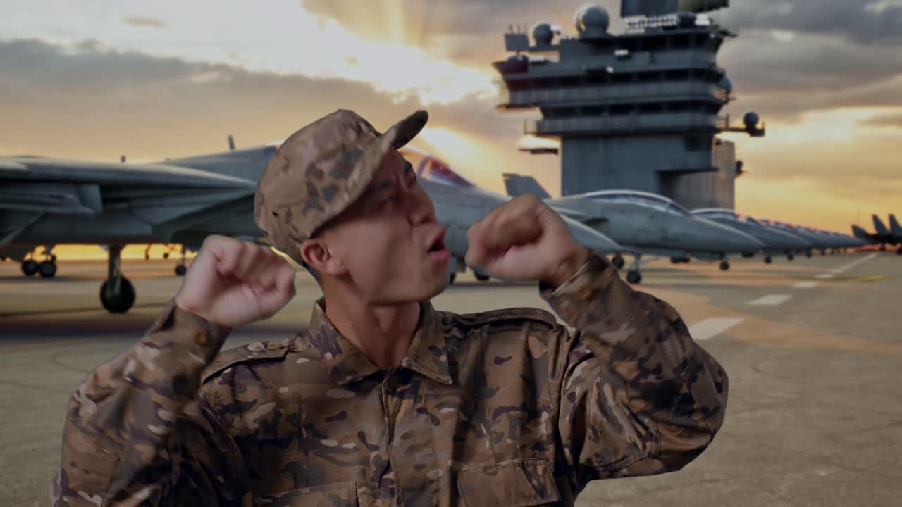 Military Personnel Dancing on Aircraft Carrier Deck at Sunset