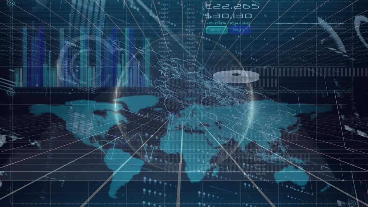 검은색 배경에 데이터 처리를 가진 세계 지도의 지구 위의 애니메이션