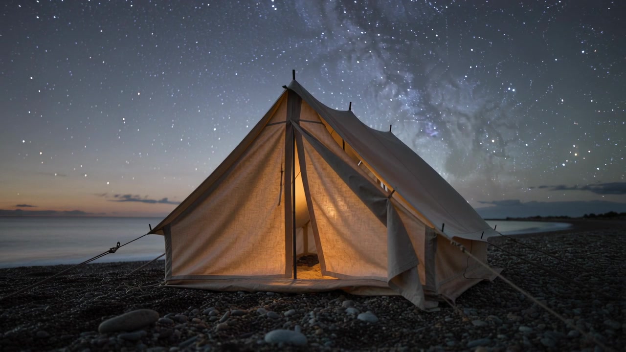 Tenda a campana in tela illuminata su una spiaggia di ciottoli di notte, con lanterna, biancheria da letto e Via Lattea visibili