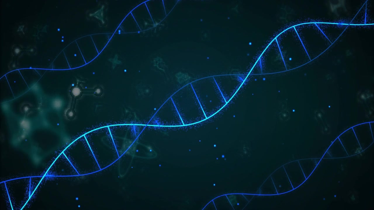 Luminosa elica di DNA che emerge da sinistra, con filamenti scintillanti che scorrono e pulsano fino a formare una matrice completa.