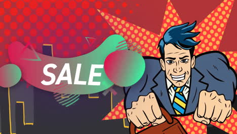 animation of sale text in white over green to re shapes and retro superhero