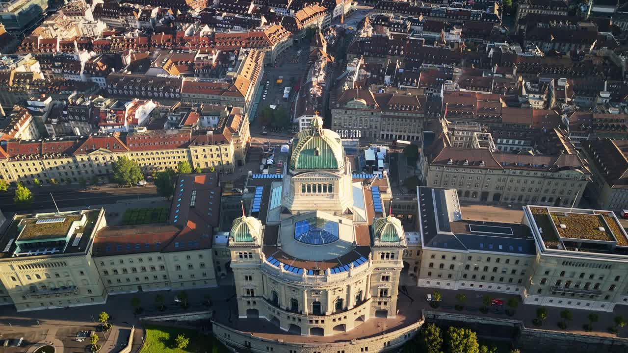 Droneshot of the Bundeshaus in Bern Switzerland during sunrise