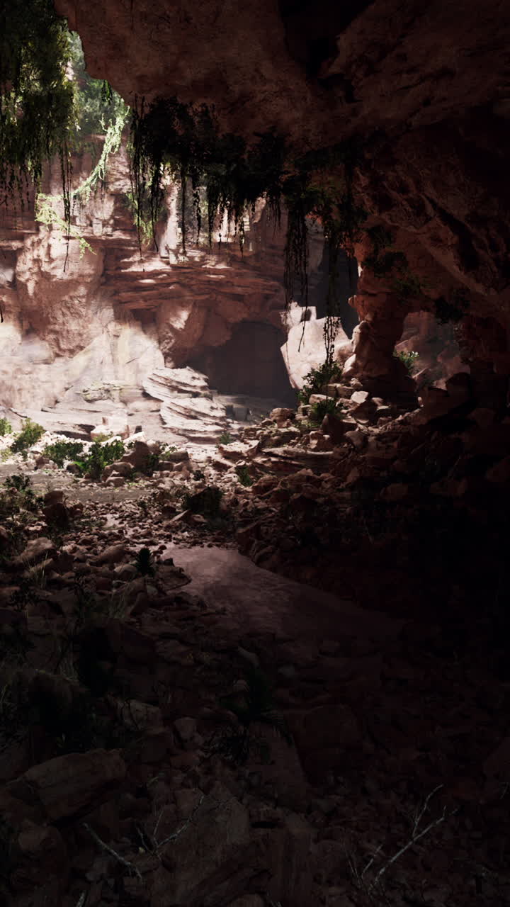 cueva en un volcán extinto cubierto de hierba y plantas