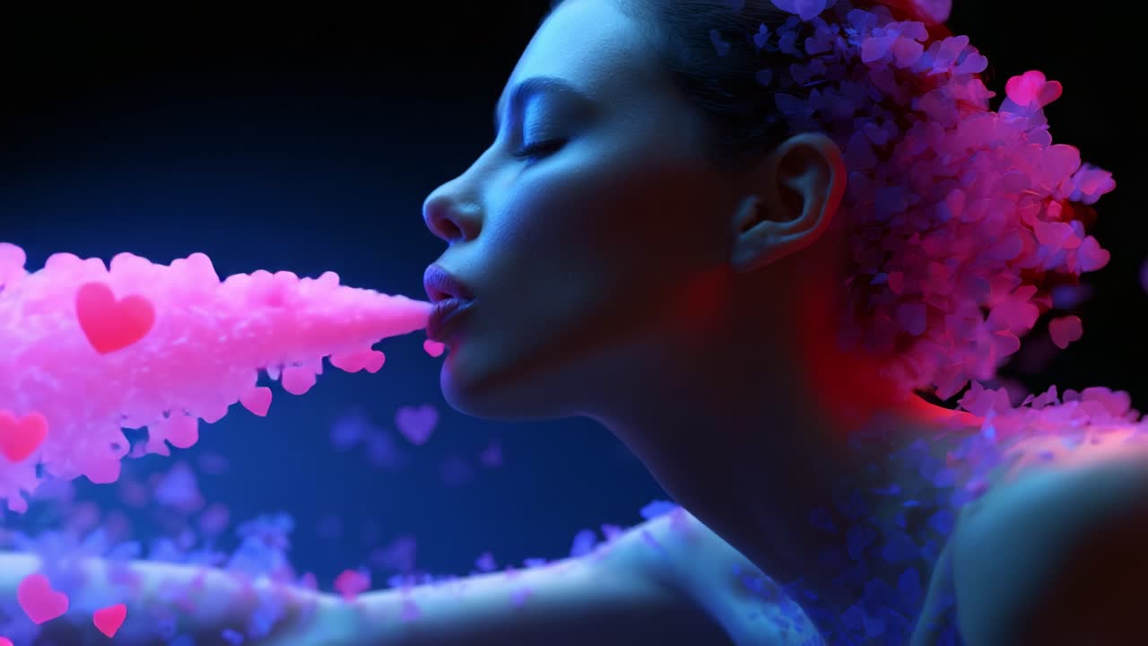 A captivating visual exploration of love and beauty, where a graceful figure emerges amidst vibrant pink hearts, exuding an enchanting aura illuminated by gentle blue and red lighting, showcasing the union of emotion and artistry