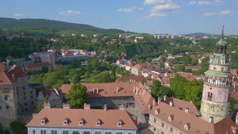 Best-aerial-top-view-flight-Krumlov-castlein-czech-republic-Cesky-in-Europe,-summer-of-2023