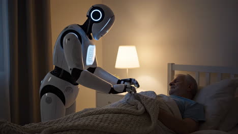 robot assisting elderly man in bed