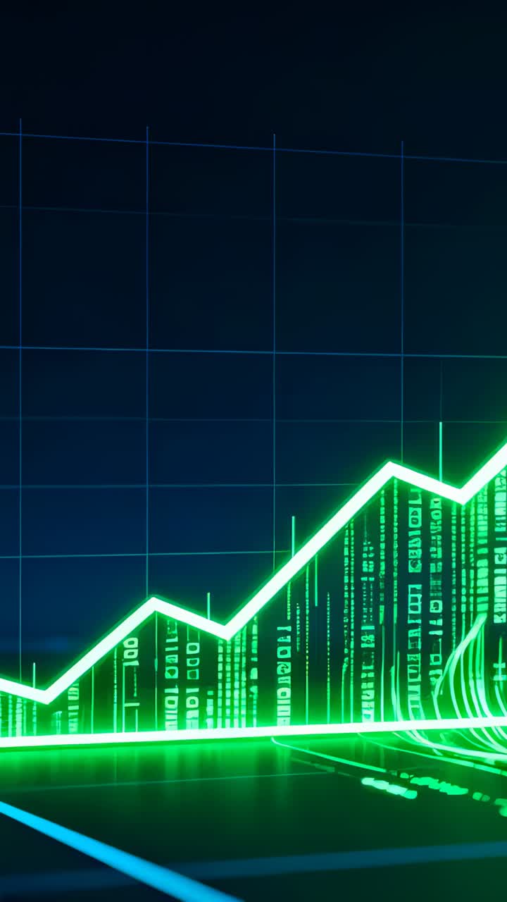 Video verticale: grafico a linee verde neon in crescita che sale su un pannello a griglia, reagendo a nuovi picchi di dati