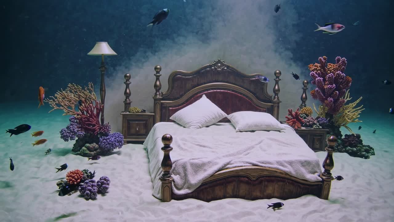Surreal underwater seascape showing a comfortable bed on the seabed, illuminated by a floor lamp, surrounded by colorful corals and fishes swimming in the tranquil blue water