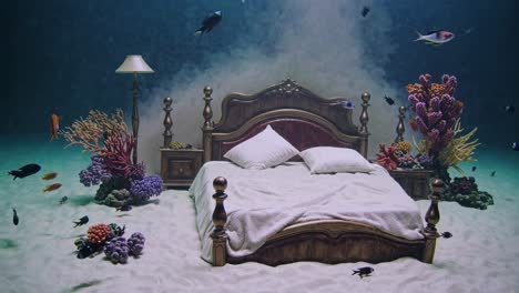 surreal underwater seascape showing a comfortable bed on the seabed, illuminated by a floor lamp, surrounded by colorful corals and fishes swimming in the tranquil blue water