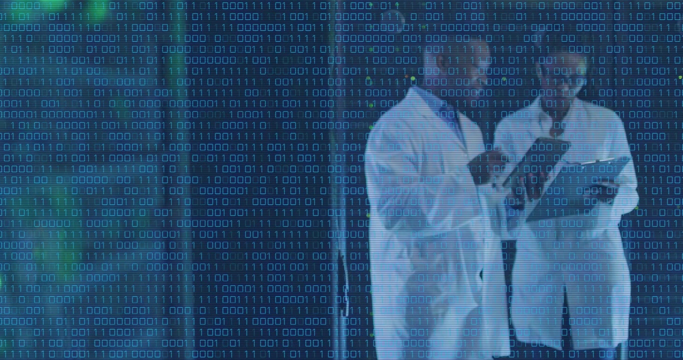 Animation of binary coding over diverse male and female engineers discussing at server room