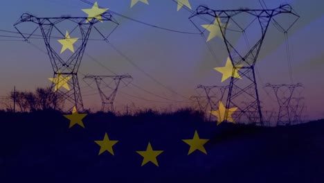 animation of european union flag over electricity pylons in field at sunset