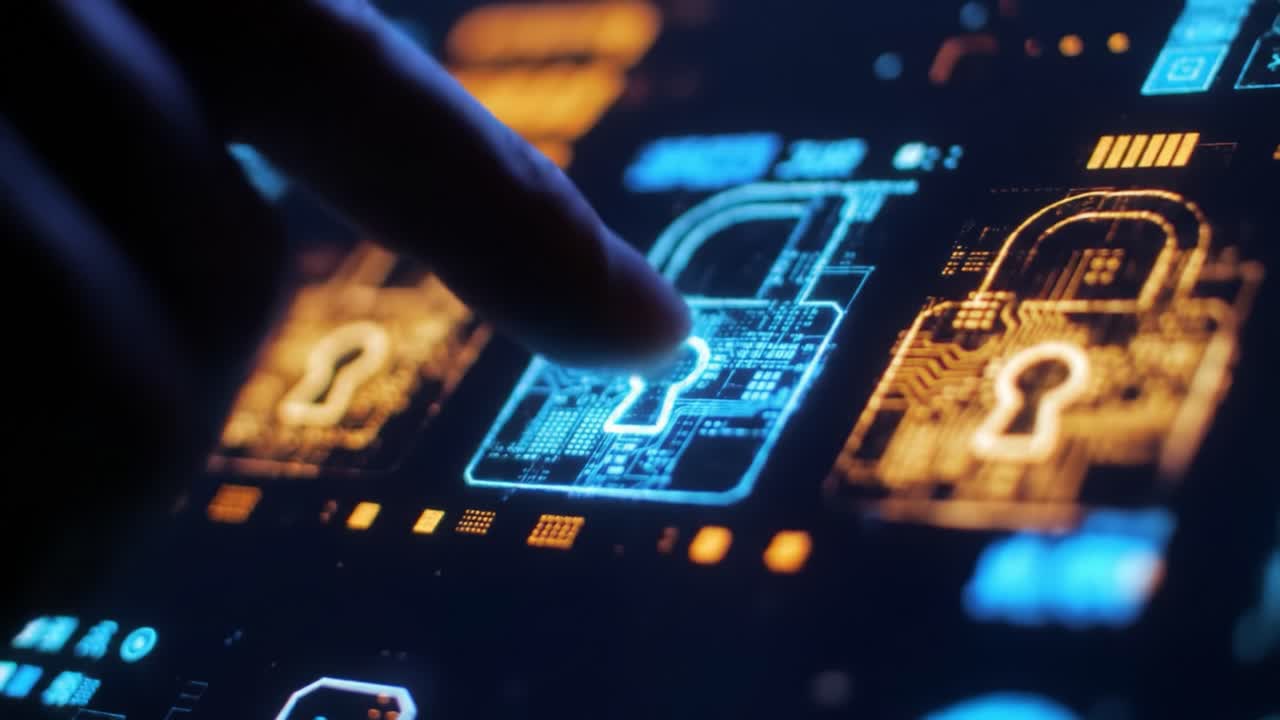 A hand interacts with digital locks on a screen, showcasing advanced cybersecurity technology. The visuals depict intricate patterns representing data protection mechanisms in real-time.