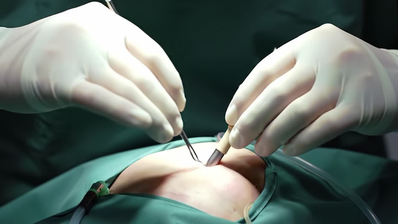 Surgeons in a medical facility focus intently while performing a delicate surgical procedure on a patient. Precision and expertise are essential in this setting.