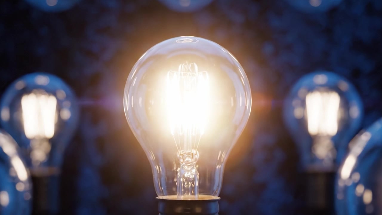 Trasformazione illuminata: il viaggio della luce attraverso varie fasi catturato nell'inquadratura, rivelando la bellezza e la complessità delle lampadine in un ambiente buio.