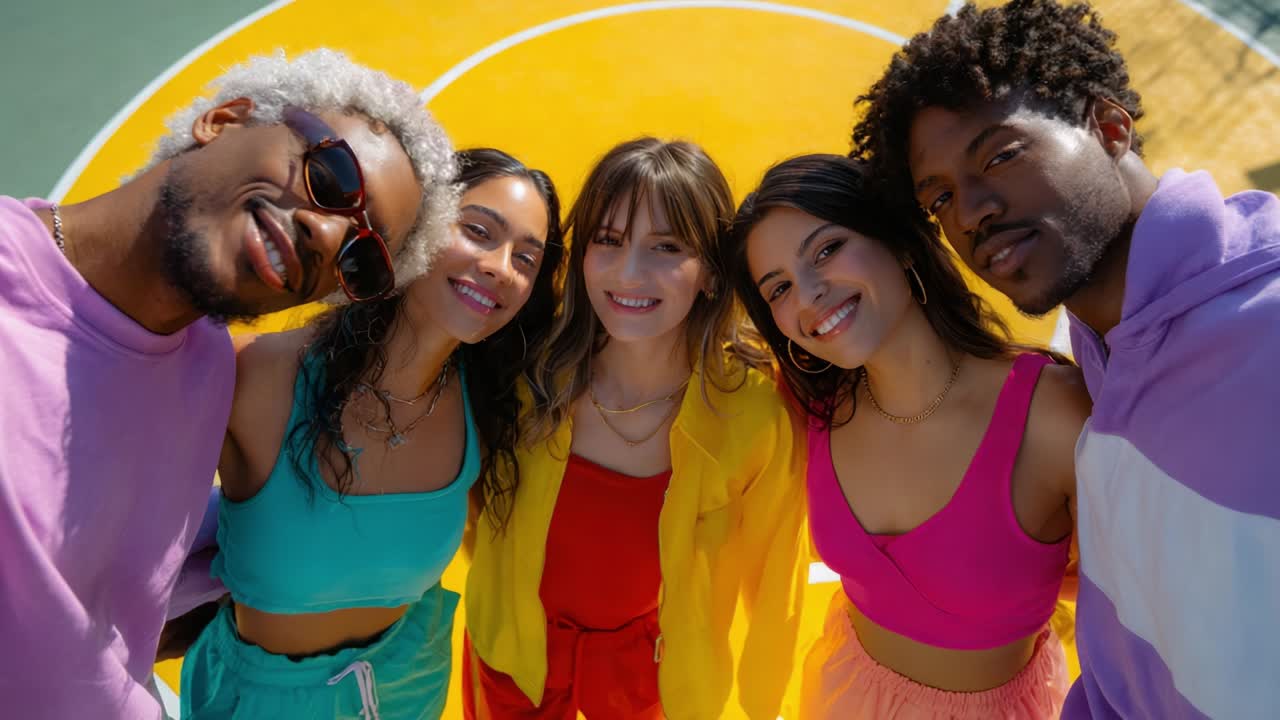 Group of Friends Smiling Together in a Colorful Urban Setting