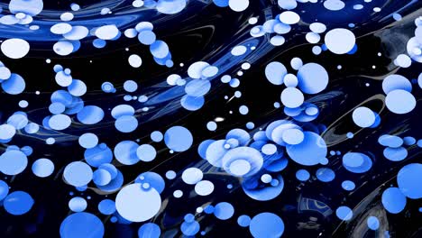 beautiful abstract looped background of shiny glossy surface like wavy blue liquid with circles float like drops of paint in oil. creative background with blue color gradient in 4k. 3d