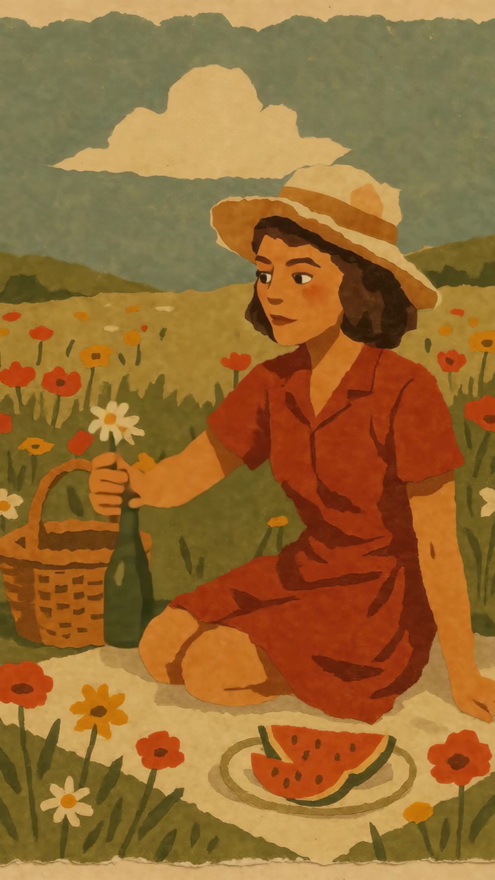 Illustrazione vintage animata di donna che fa un picnic in un campo fiorito