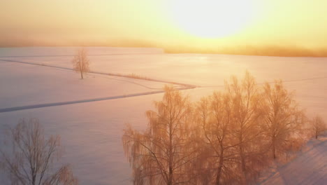 aerial passage over white countryside fields during a foggy winter sunrise