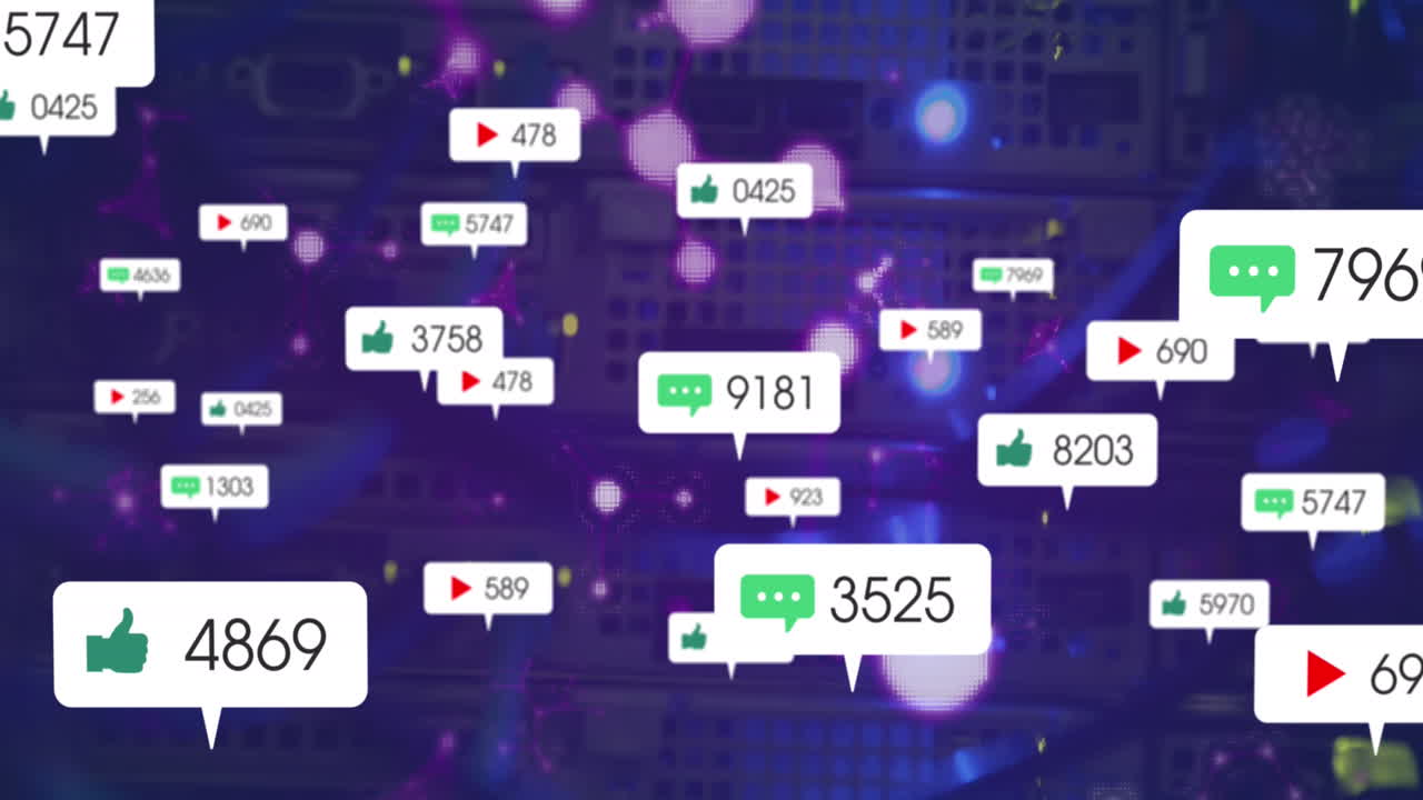 소셜 미디어 아이콘과 분자 구조의 애니메이션과 컴퓨터 서버의 클로즈업