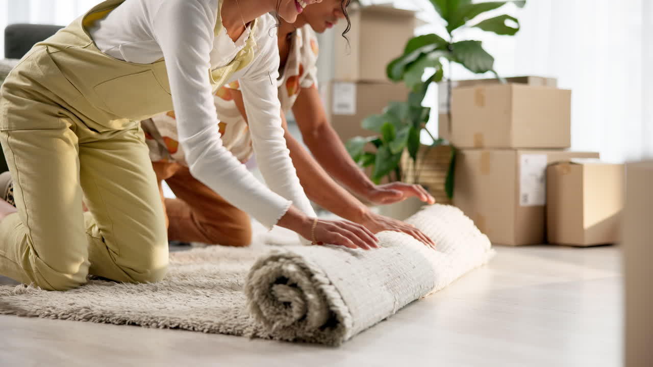 Couple moving into a new home, unpacking and rolling out a rug